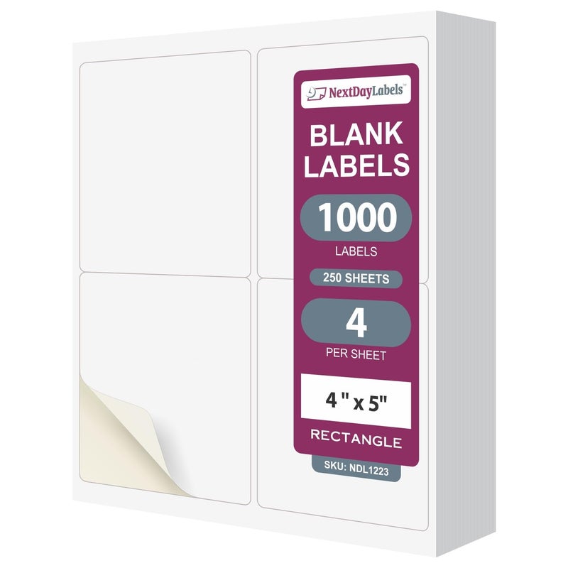 NextDayLabels ملصقات NextDay – ملصقات مستطيلة 4 بوصة × 5 بوصة للطابعة - ملصقات طابعة ليزر/حبر بيضاء ملصقات عنوان العودة ملصقات شحن (250 ورقة، 4 لكل ورقة، 1000 ملصق) - Image 1